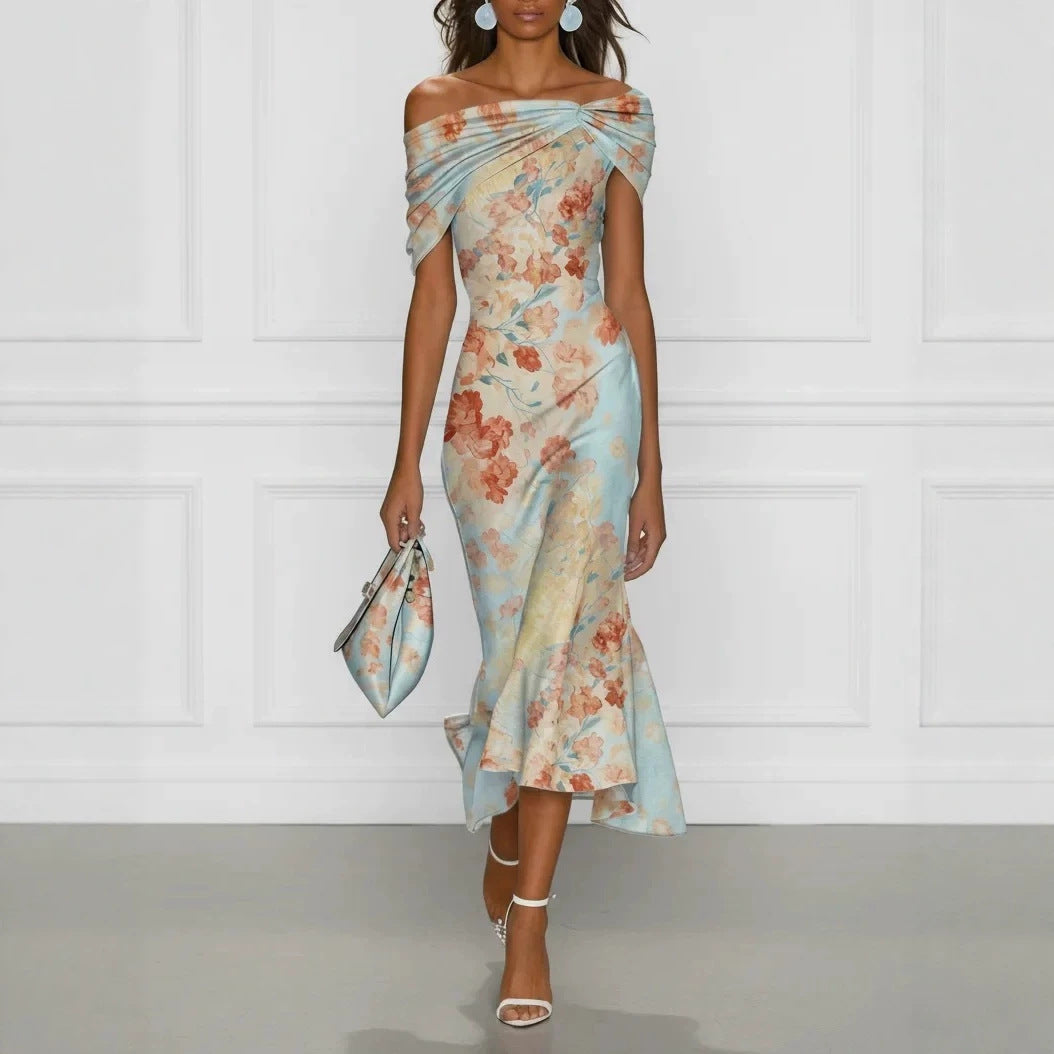 Digital Print Off-Shoulder Short Sleeve Floral Elegant Long Dress
