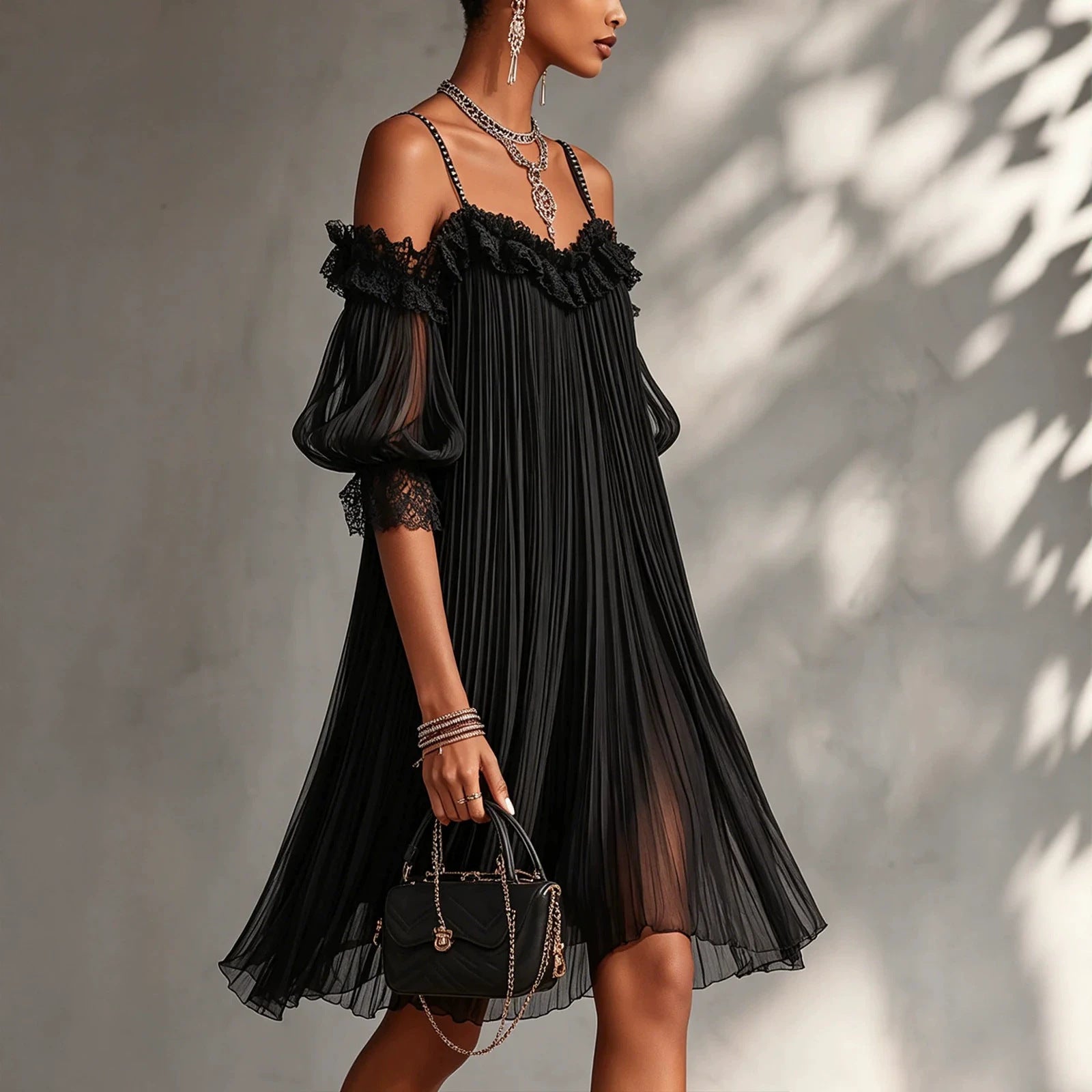 Sexy Sheer Lace Spliced Strap Solid Color Backless Dress