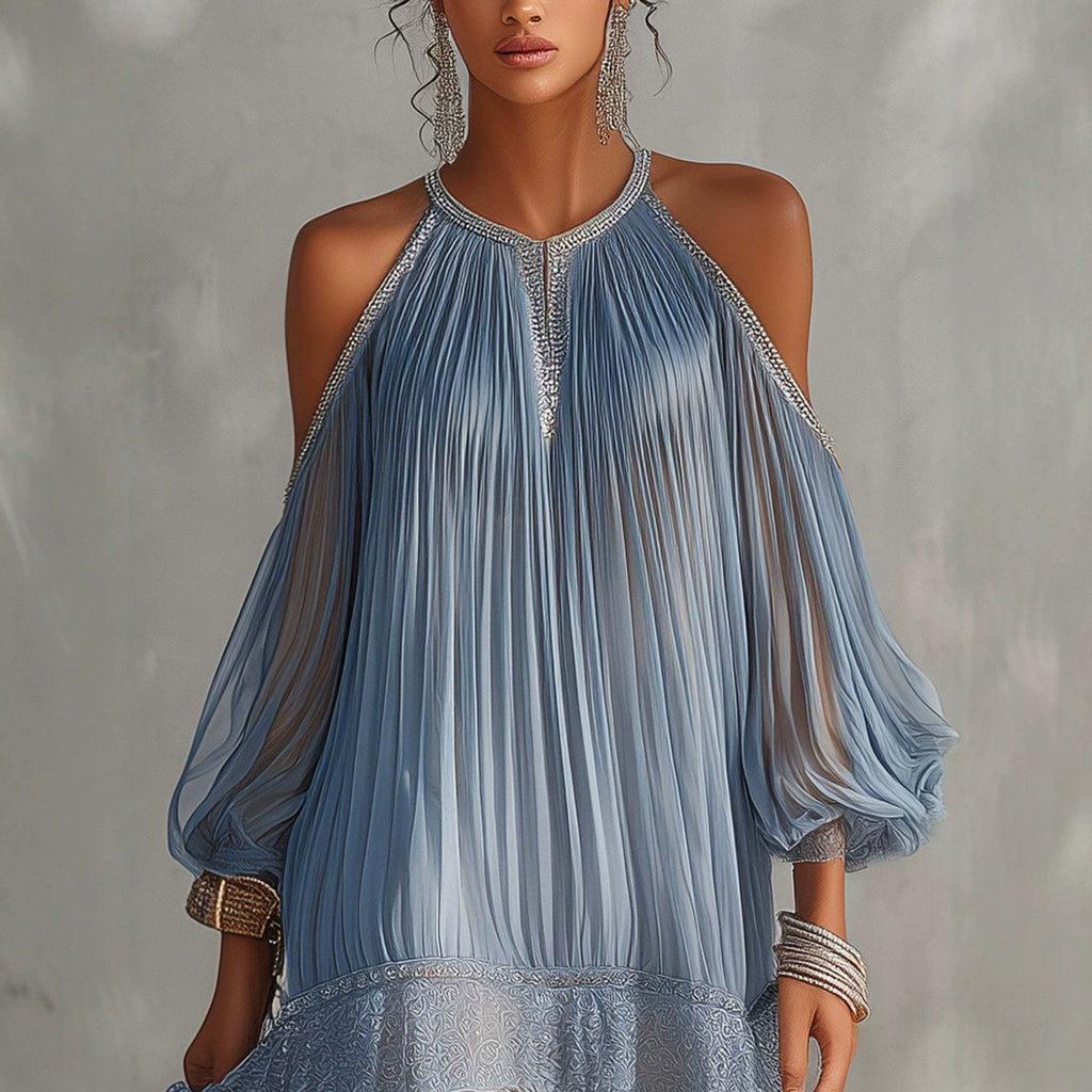 Flared Chiffon Dress with Ruffles and Lace Hem, Loose Fit with Bubble Sleeves, Vacation Beach Skirt