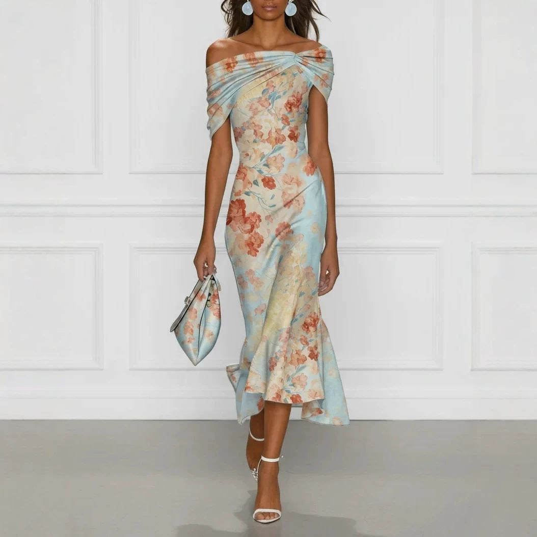 Digital Print Off-Shoulder Short Sleeve Floral Elegant Long Dress