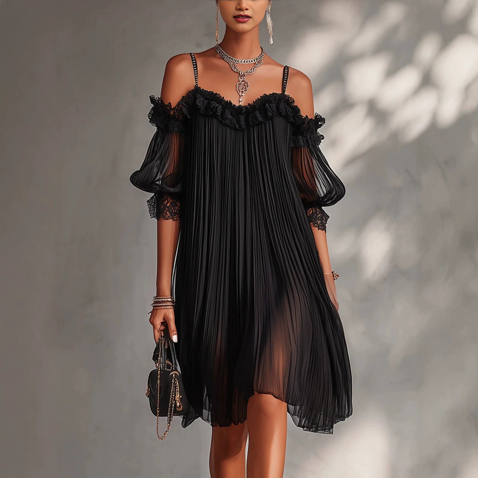 Sexy Sheer Lace Spliced Strap Solid Color Backless Dress