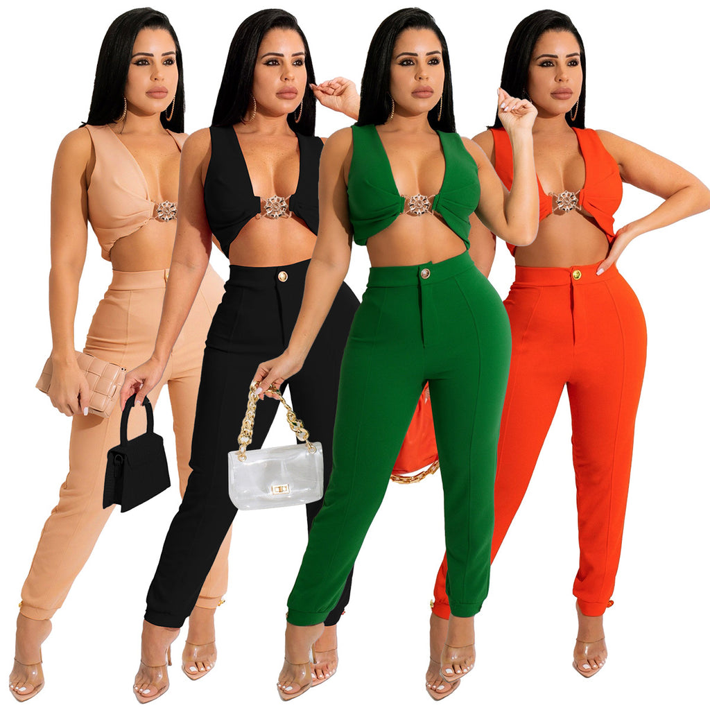 Solid color sleeveless vest leggings set
