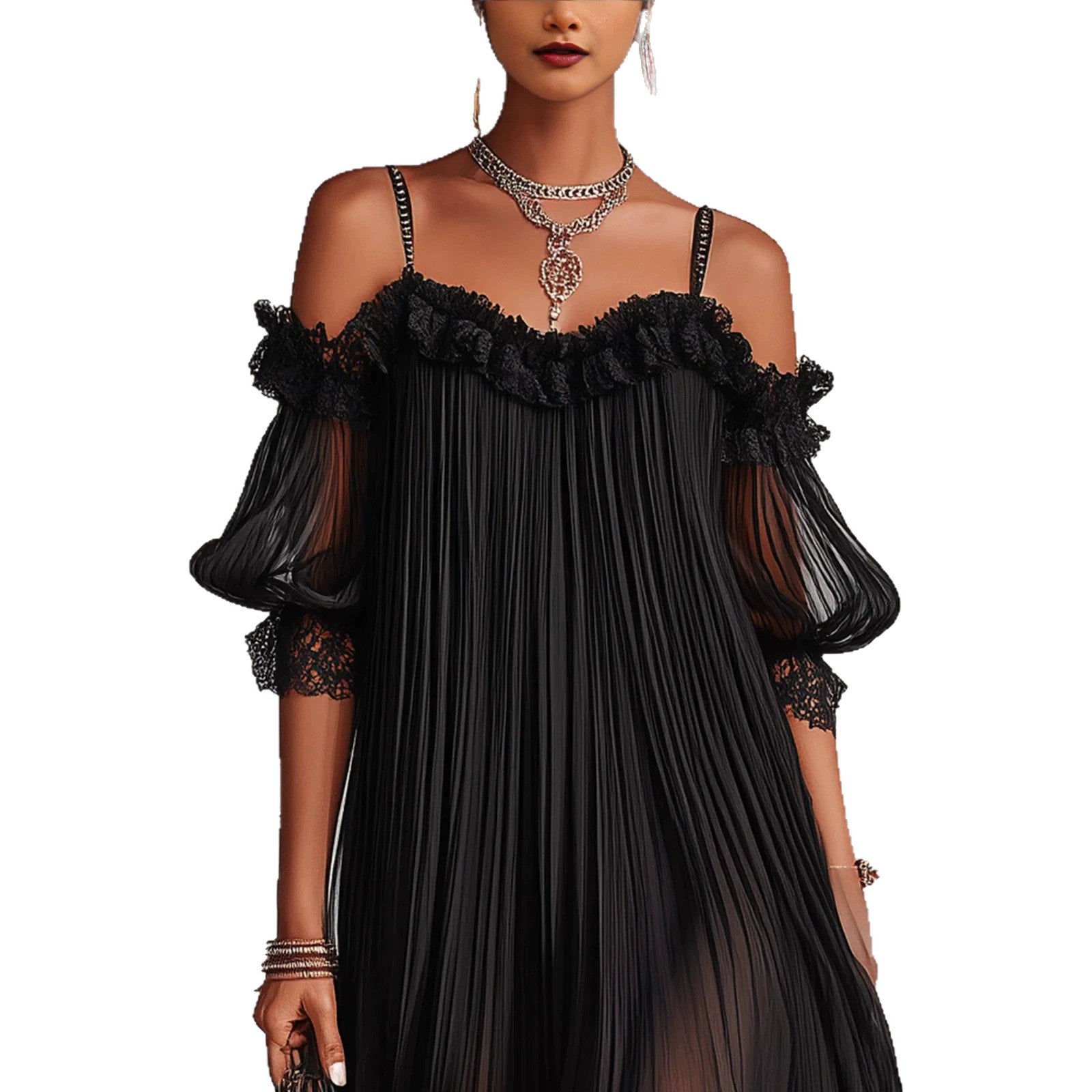 Sexy Sheer Lace Spliced Strap Solid Color Backless Dress