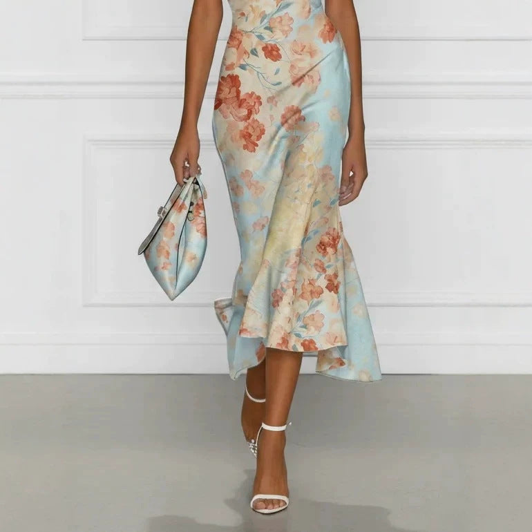 Digital Print Off-Shoulder Short Sleeve Floral Elegant Long Dress