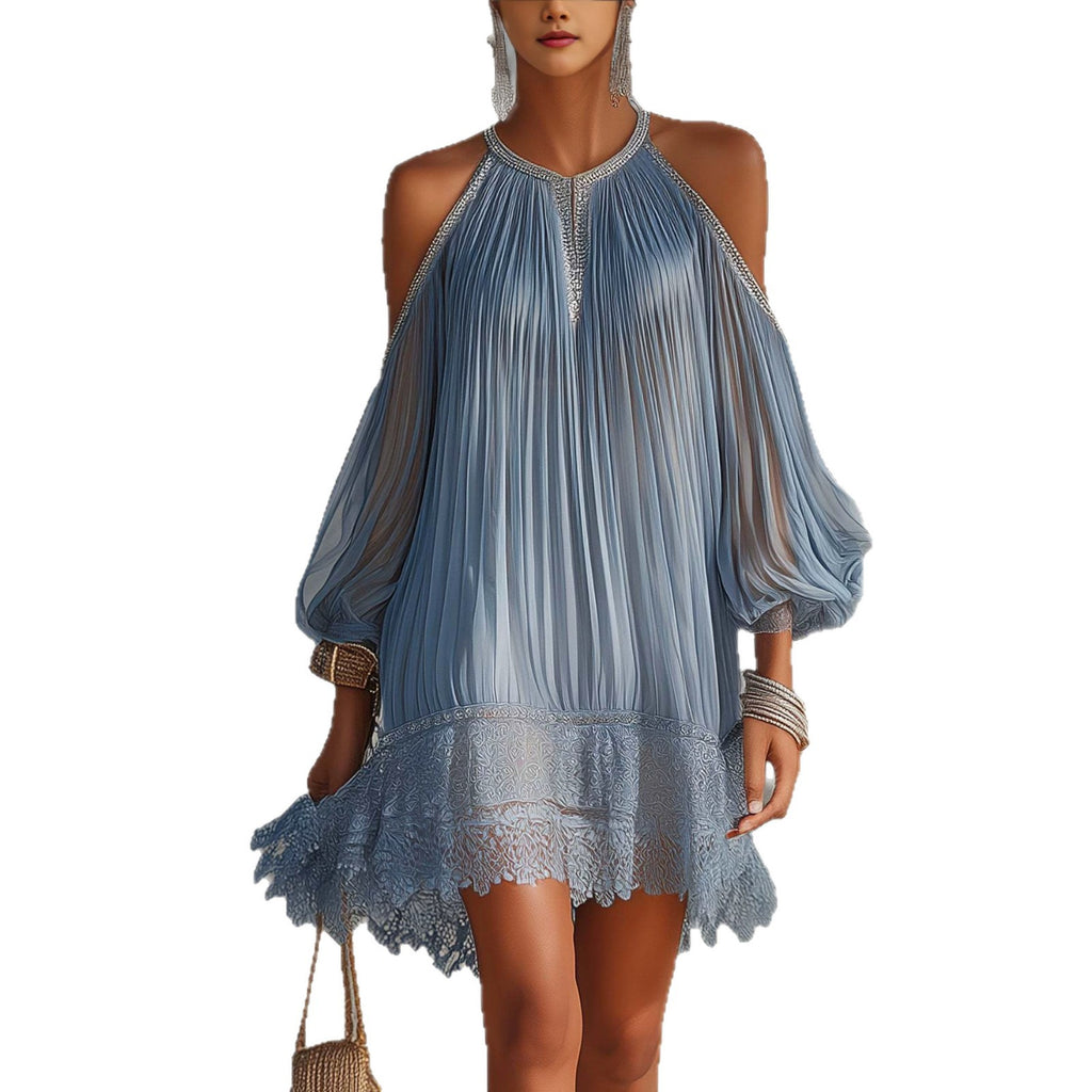 Flared Chiffon Dress with Ruffles and Lace Hem, Loose Fit with Bubble Sleeves, Vacation Beach Skirt
